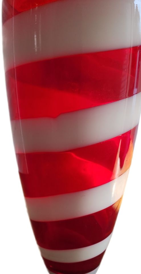 Vibrant Red White Boldly Striped Modern Art Glass Vase. 15"h w/ 6" diameter - 3