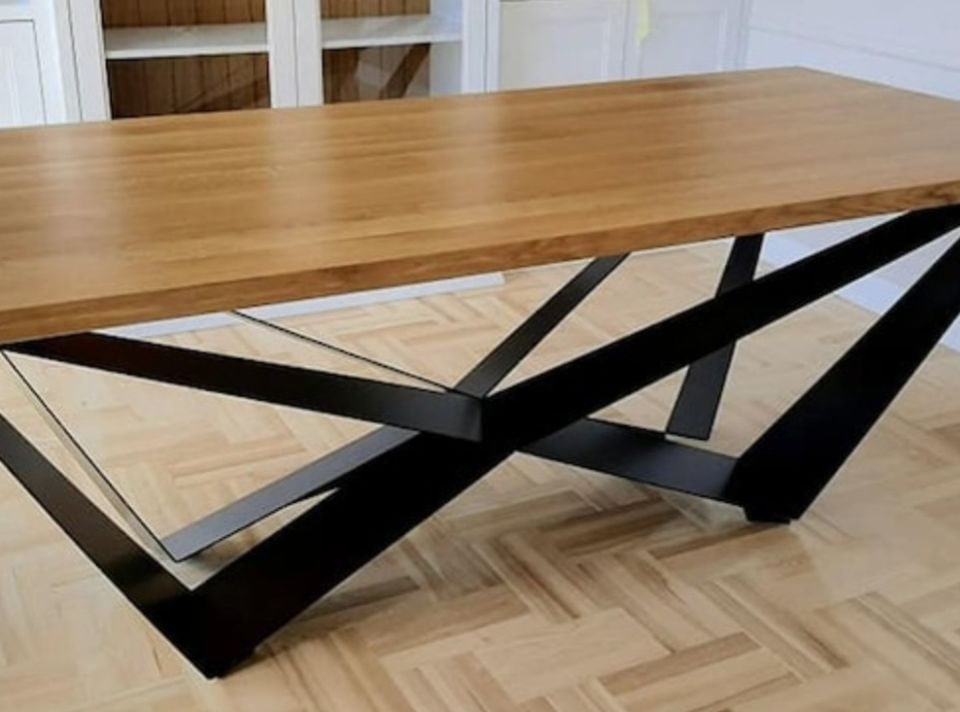 Skorpio custom made vintage modern steel & wood dining table w/ hi-design truncated geometric base. - 2