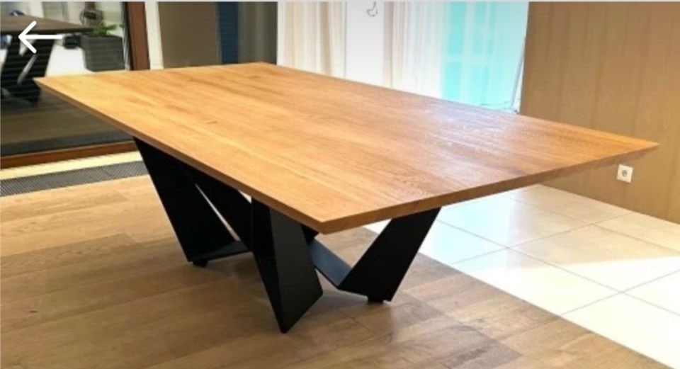 Skorpio custom made vintage modern steel & wood dining table w/ hi-design truncated geometric base. - 3