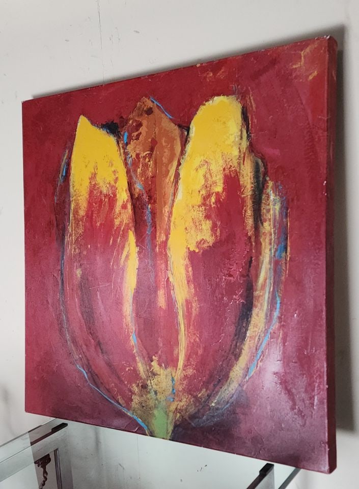 Large Vintage Giclee Canvas Print Painting w/ abstract impressionist image of tulip - 2