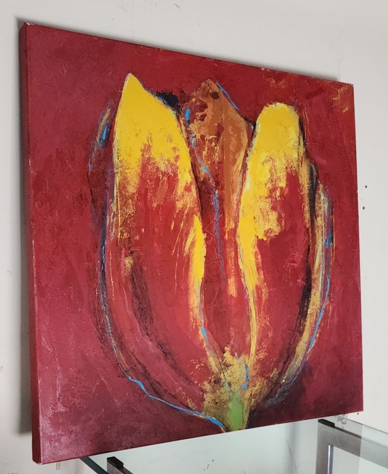 Large Vintage Giclee Canvas Print Painting w/ abstract impressionist image of tulip - 3