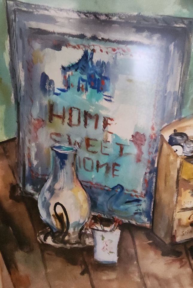 Marilyn Mayer, "Home Sweet Home" signed 1961 original 25"x29" watercolor under non-glare glass. - 2