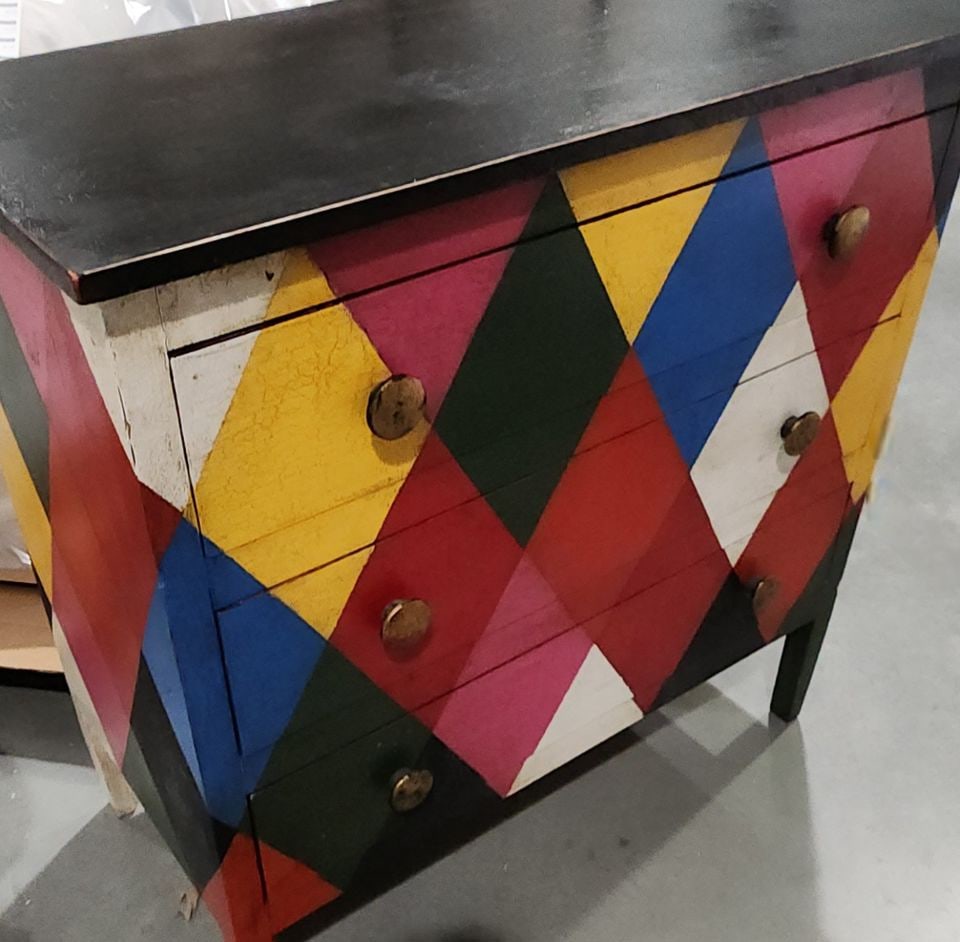 Fabulous rare vintage hand-painted colorful 4-drawer dresser Harlequin with great folk art look (1 of 4)