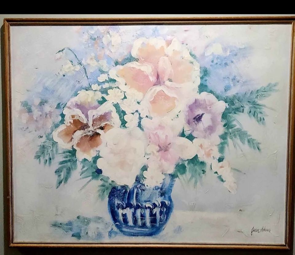 Large captivating mid-century floral still life impasto-style oil painting by Jason Adams.. Signed: Title: Large captivating mid-century floral still life impasto-style oil painting by Jason Adams.. Signed Description: Large captivating mid-century floral still life impasto-style oil painting by Jas