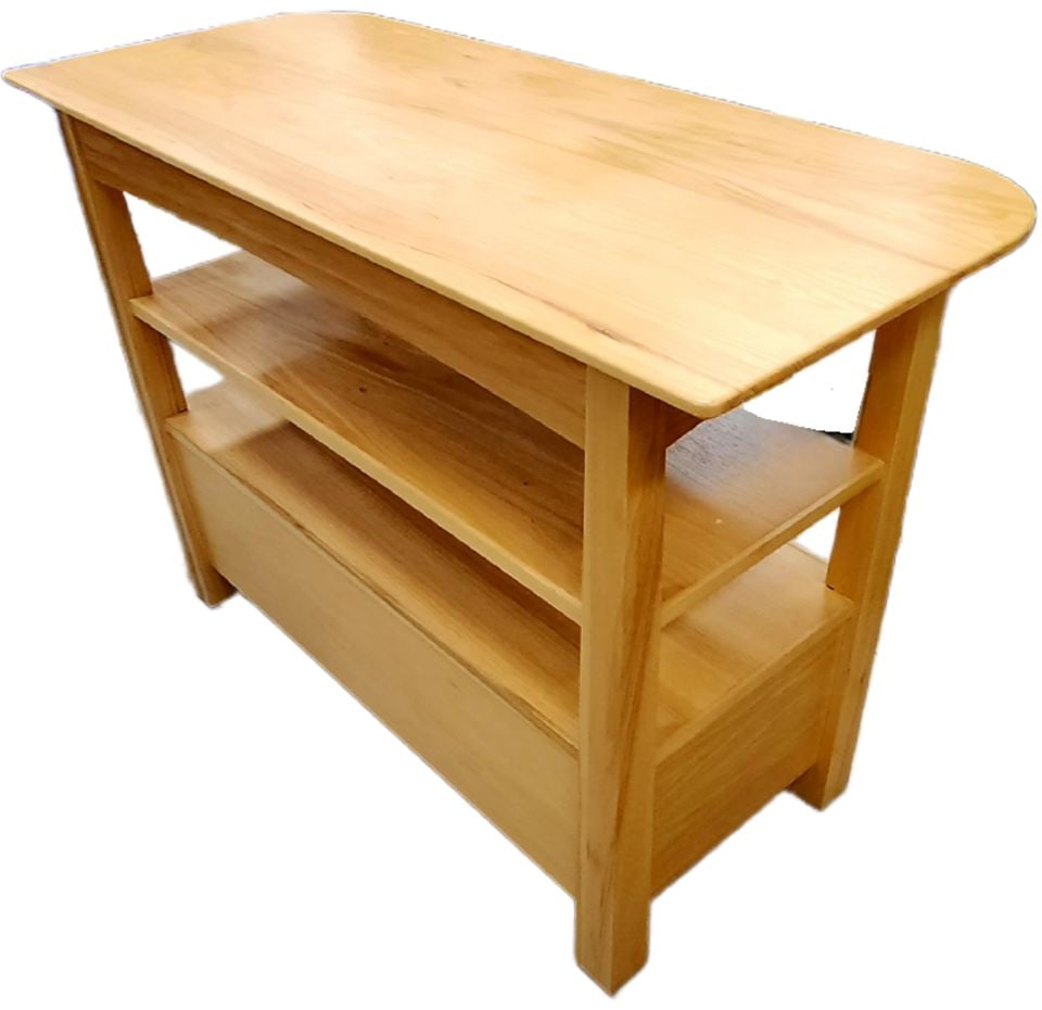 Vintage A.A. Laun Furniture solid Maple or Teak Mission-Style Console Table w/ 2 shelves and drawer. - 2