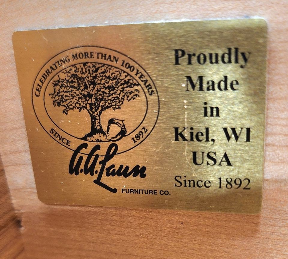 Vintage A.A. Laun Furniture solid Maple or Teak Mission-Style Console Table w/ 2 shelves and drawer. - 7