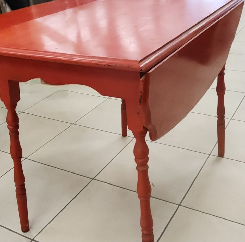 Antique country drop leaf dining table hand-painted red. Perfect for any rustic or Farmhouse decor. - 2