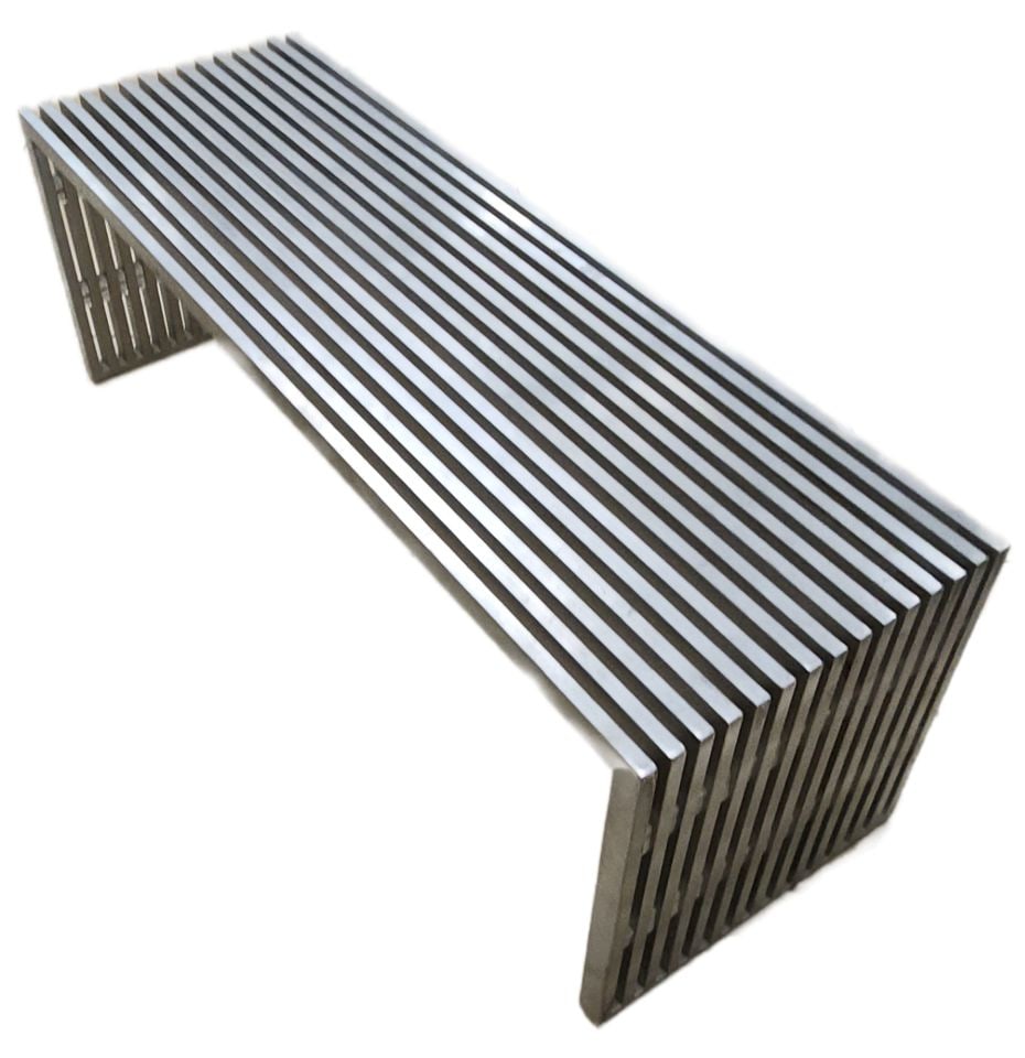 In the manner of Milo Baughman 47" high-design Mid-Century Modern brushed steel slat bench - 2