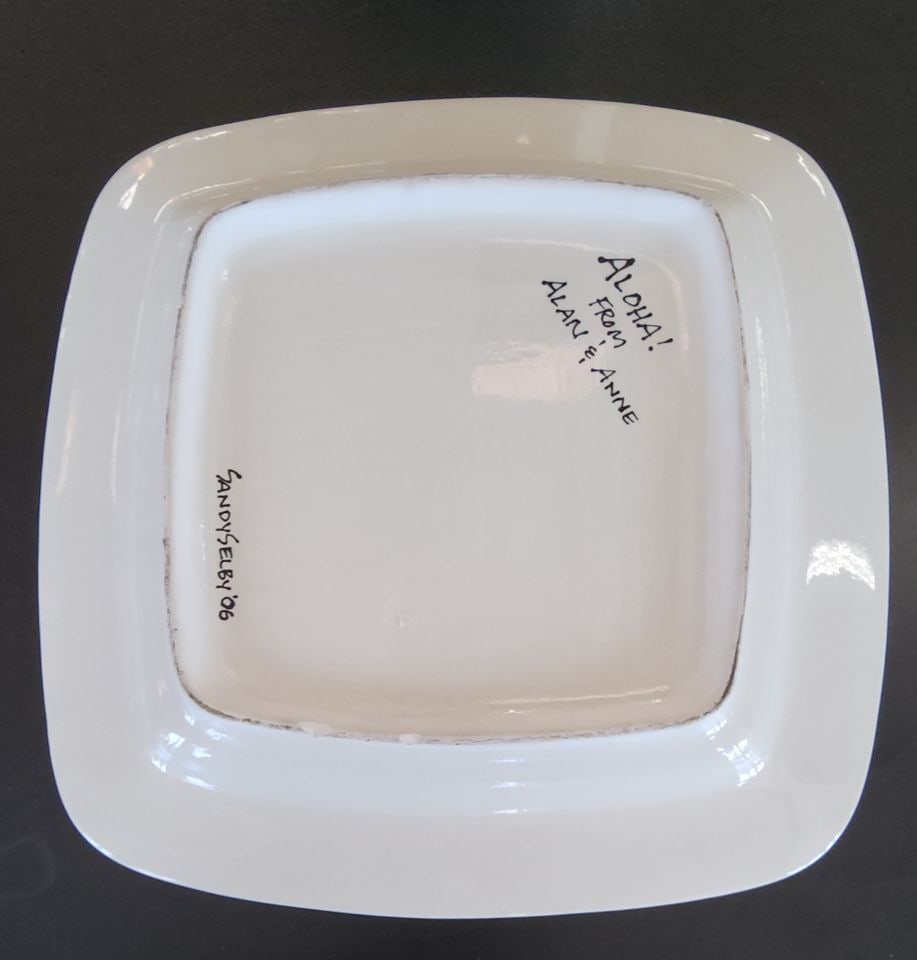 Whimsical vibrant hand- painted colorful art platter by Sandy Shelby. Circa 2006 - 3