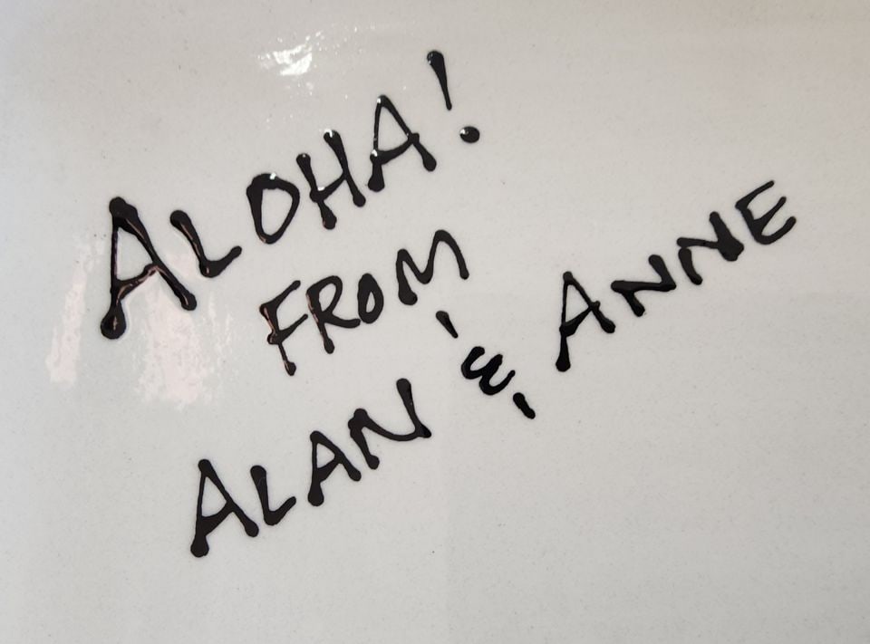 Whimsical vibrant hand- painted colorful art platter by Sandy Shelby. Circa 2006 - 4