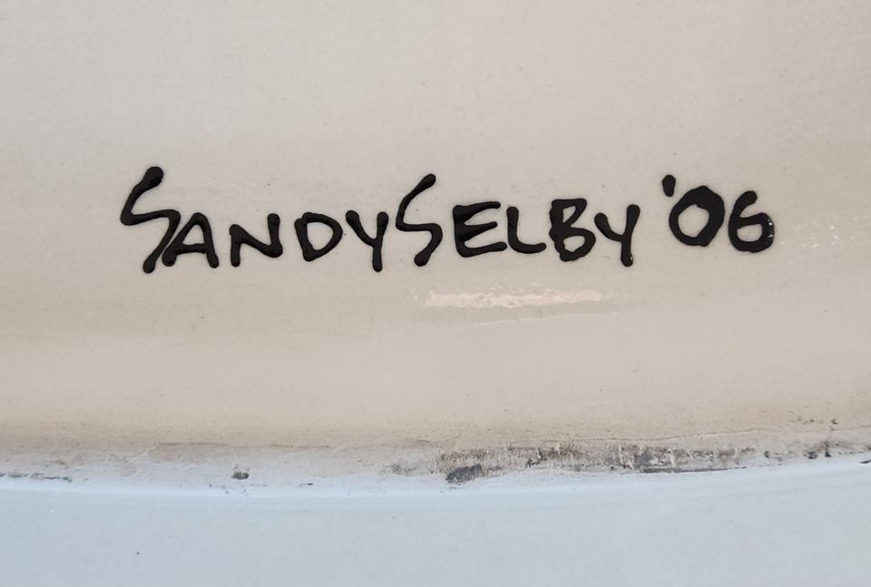 Whimsical vibrant hand- painted colorful art platter by Sandy Shelby. Circa 2006 - 5