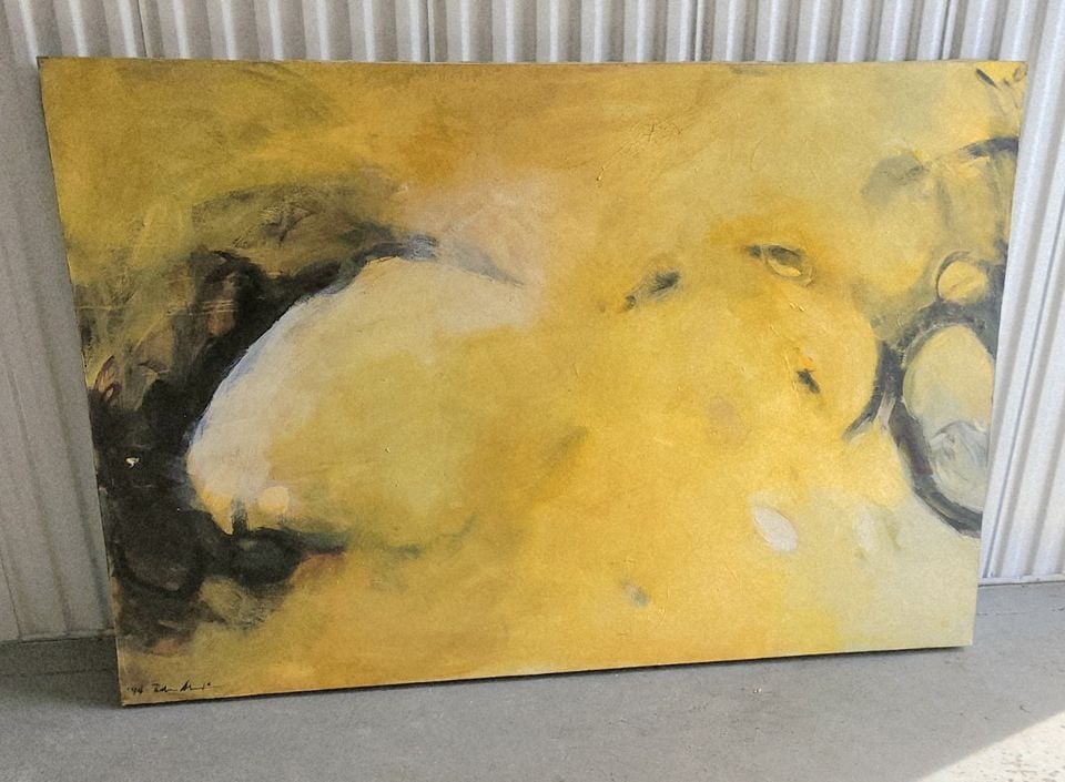 Large dramatic abstract oil painting w/ rich textured impasto imagery.. Signed. Circa '94. 48"x 72": Title: Large dramatic abstract oil painting w/ rich textured impasto imagery.. Signed. Circa '94. 48"x 72" Description: Has bold yellow and gold tones flanked by strong black elements. The work has so