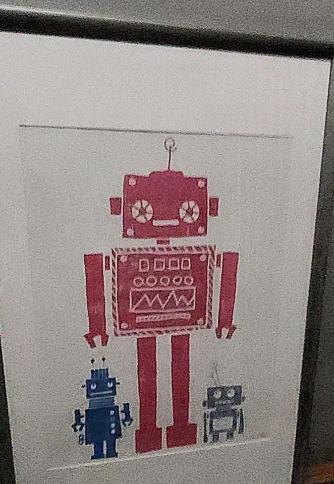 If you love robots, this is for you. Vintage Ikea print of retro-robot family. Facsimile signed. - 2