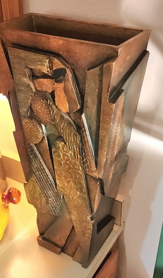 After Paul Evans large rare stunning mid-century carved hand-painted sculptural wood vase 24Hx12Wx6D (1 of 5)