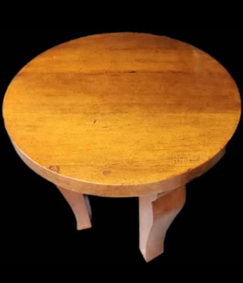 Vintage Bauhaus / Deco-Influenced round solid wood side table w/ bold sculptural design. - 3