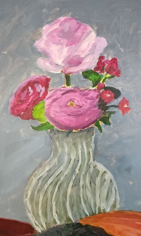 Vintage original expressionist floral still life oil painting w/ strong primitive influence... - 2