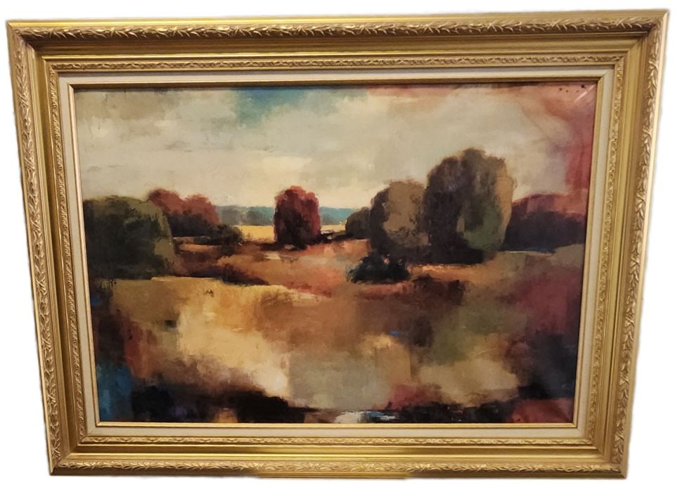 Bold 30x40 vintage impressionist landscape oil painting w/ vibrant colors & texture in guilded frame: Title: Bold 30x40 vintage impressionist landscape oil painting w/ vibrant colors & texture in guilded frame Description: Beautiful abstract landscape painting. Wonderful earthy tones with interpretive