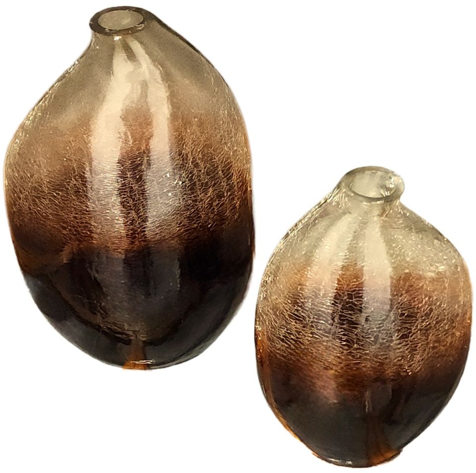 Pair of vintage art glass amber sculptural vases w/ crackled glass designed by Uttermost - 2