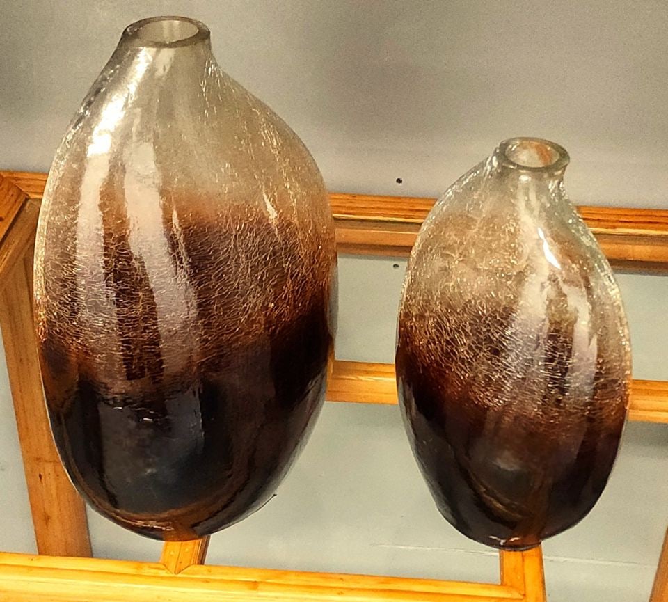 Pair of vintage art glass amber sculptural vases w/ crackled glass designed by Uttermost - 3