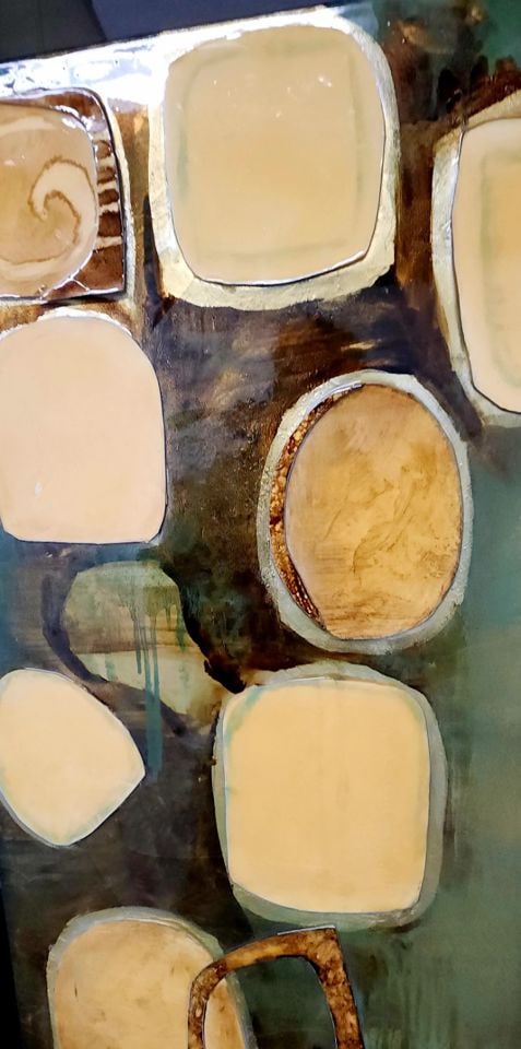 Vintage bold mid-century mixed media oil painting on board w/ enamel lacquer finish. 30" x 30" - 2