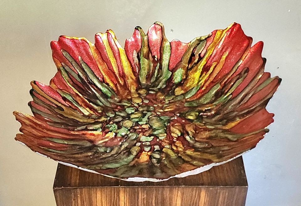 Vintage modernist sculptural art glass bowl w/ with vibrant colors and rich texture, - 2