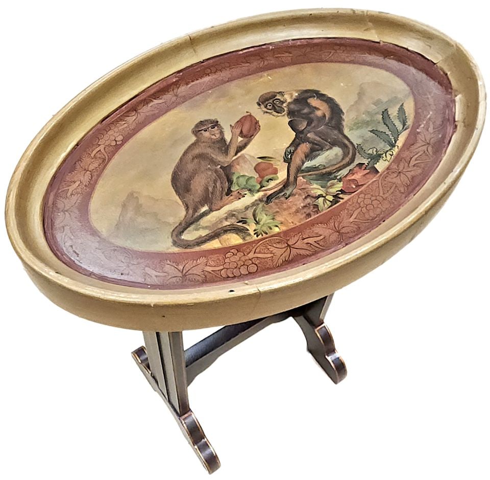 Ethan Allen 20x13x24h Vintage Hand-Painted Capuchin Monkey Oval Side Table - 2