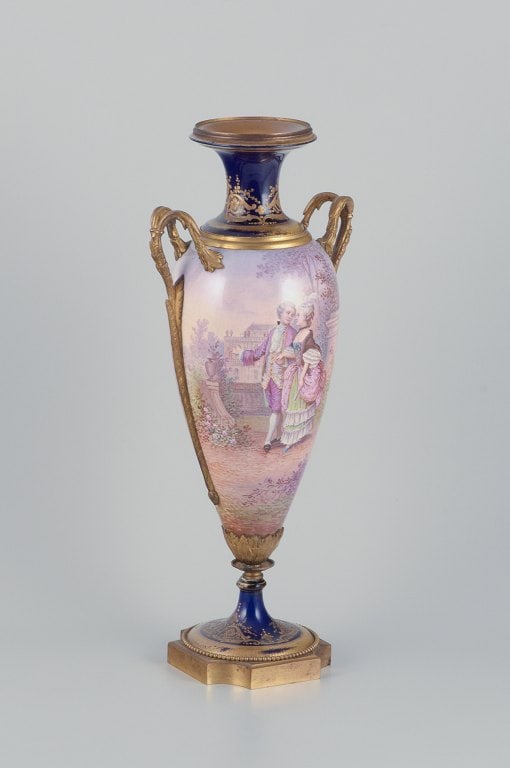 Lucot for Sevres, France. Large amphora-shaped urn in faience and bronze. Sevres Bleu decoration - 2