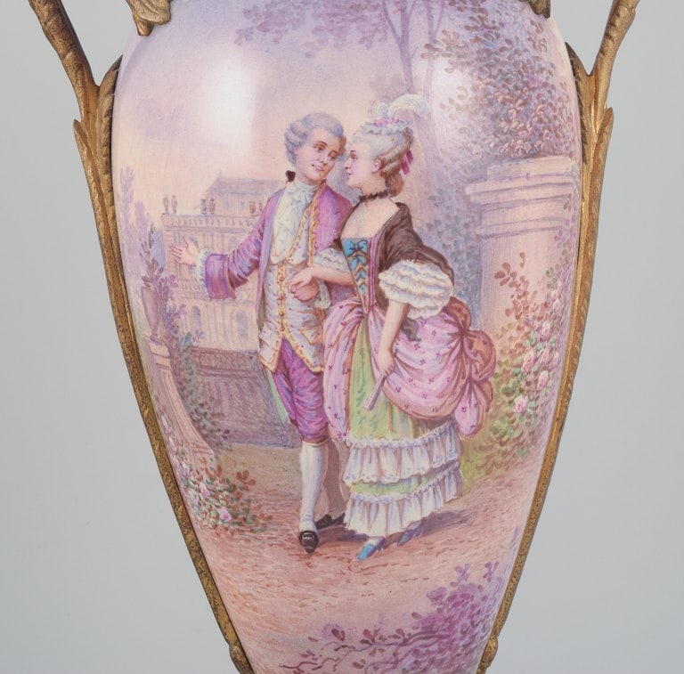 Lucot for Sevres, France. Large amphora-shaped urn in faience and bronze. Sevres Bleu decoration - 3