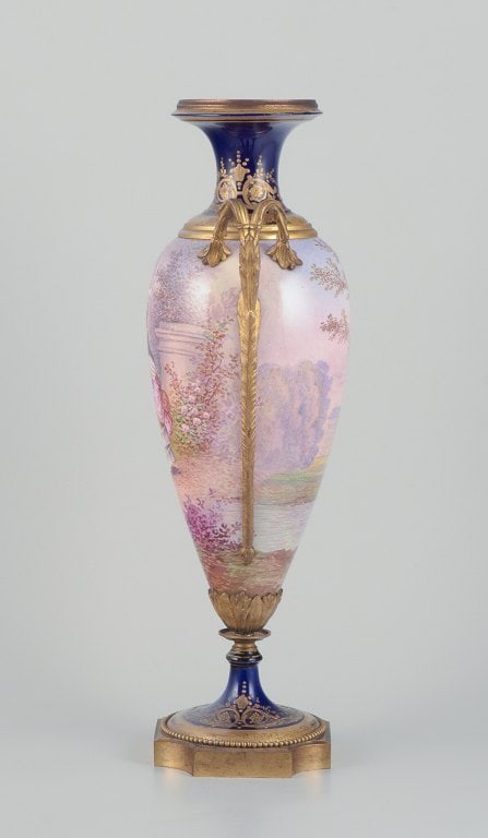Lucot for Sevres, France. Large amphora-shaped urn in faience and bronze. Sevres Bleu decoration - 7