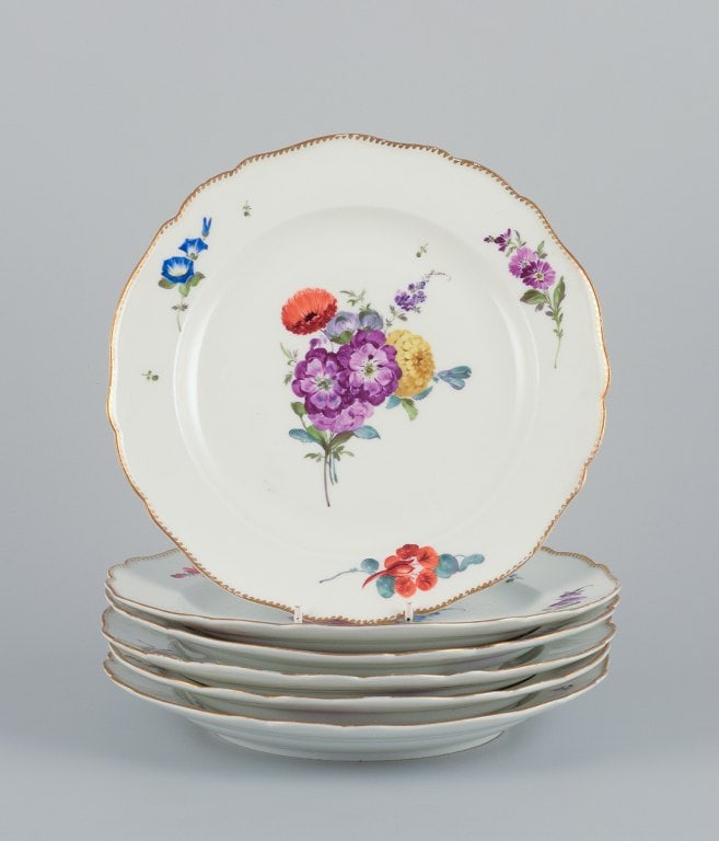 Meissen, Germany. A set of six antique porcelain dinner plates. Hand-painted with polychrome floral (1 of 9)