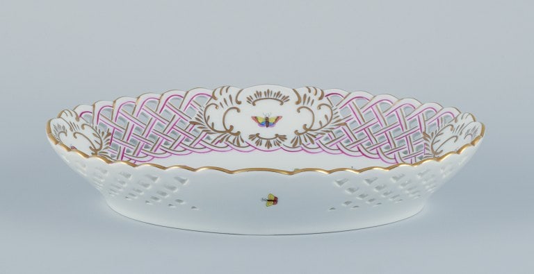 Herend, Hungary. Oval open lace porcelain bowl hand-painted with butterflies and birds on branches. - 2