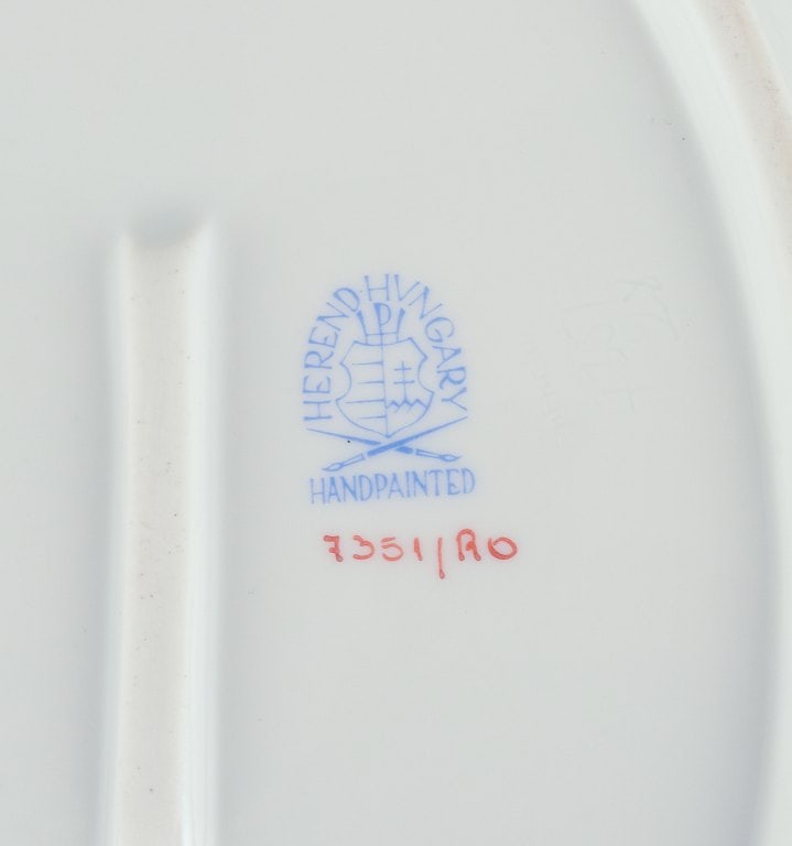 Herend, Hungary. Oval open lace porcelain bowl hand-painted with butterflies and birds on branches. - 7