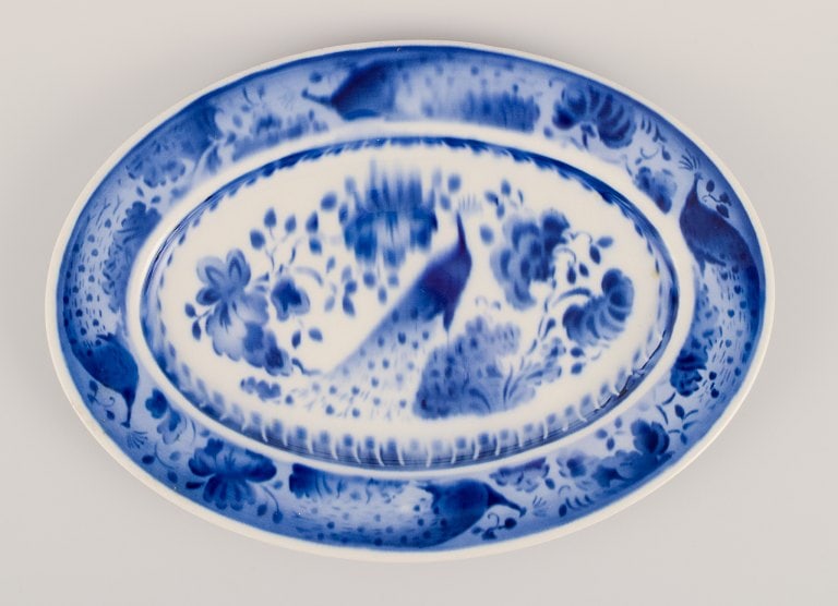 Aluminia, Denmark. Oval dish and two plates. Peacock pattern. Faience. - 2