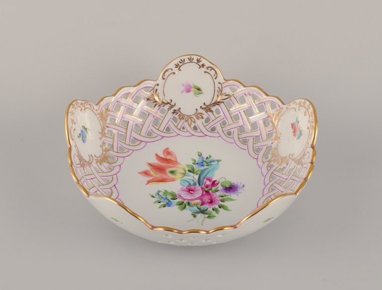 Herend, Hungary. Open lace porcelain bowl with hand-painted polychrome flower motifs and gold (1 of 8)
