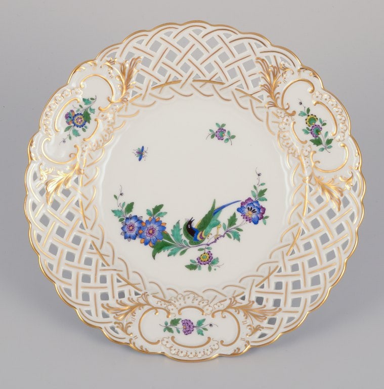 Meissen, Germany. Two open lace plates in porcelain, decorated in gold with an exotic bird on a - 2