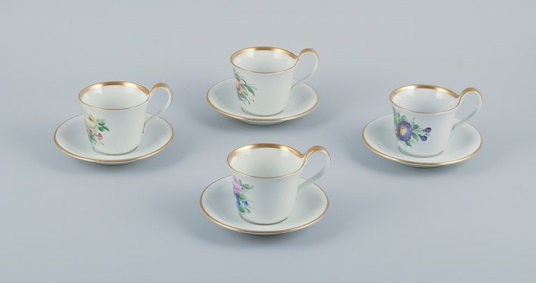 Bing & Grøndahl, a set of four antique coffee cups with high handles and saucers. Hand-painted (1 of 8)