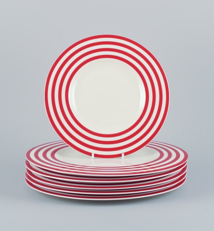 Royal Fine China, a set of six "Freshness Lines Red" plates. Five dinner plates and one lunch plate. (1 of 4)