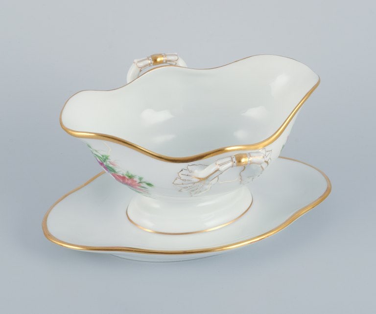 Bing & Grondahl, hand-painted sauce boat with polychrome flower motifs and gold trim. (1 of 8)