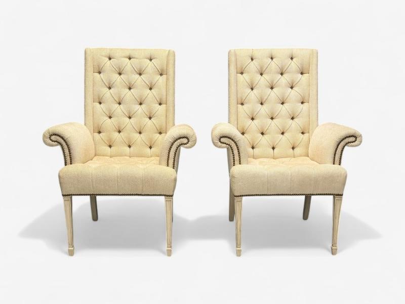 Grosfeld House, Hollywood Regency, Rolled Arm Chairs, Painted Wood, Tweed Linen - 4