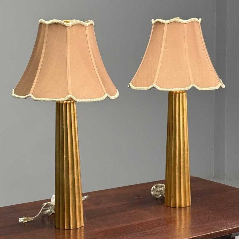 Hollywood Regency Style, Fluted Table Lamps, Gilt Metal, Silk, USA, 21st C. - 2