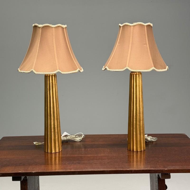 Hollywood Regency Style, Fluted Table Lamps, Gilt Metal, Silk, USA, 21st C. - 4