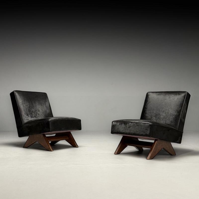 Pierre Jeanneret, French Mid-Century Modern, Slipper Chairs, Black Cowhide, Teak - 3