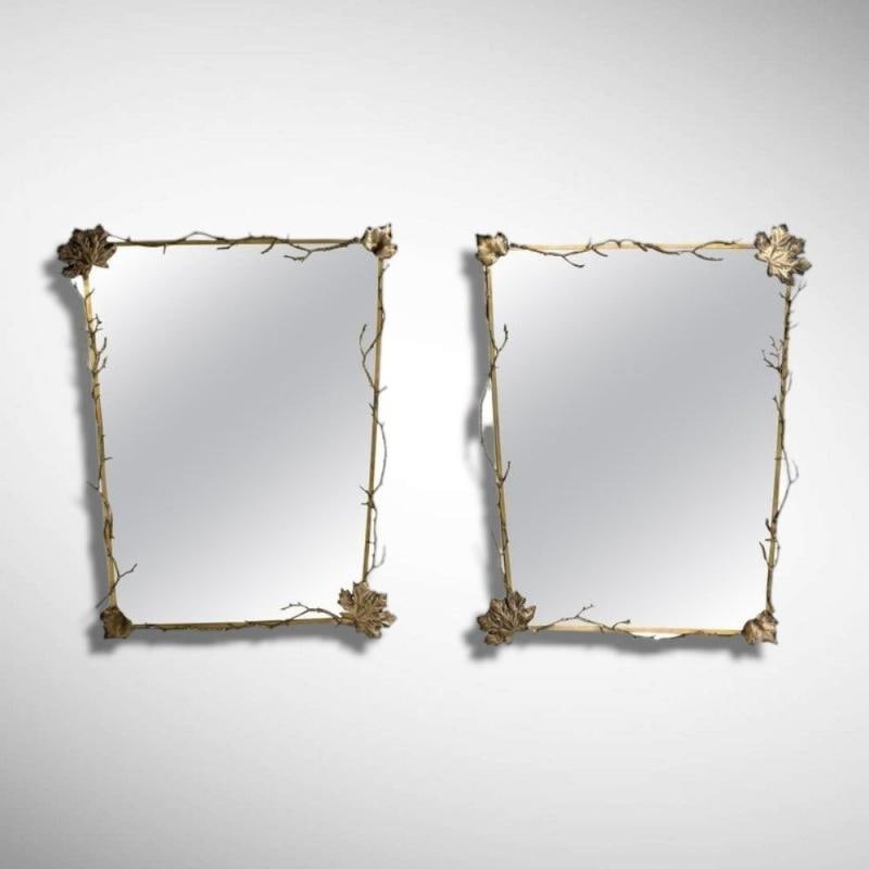 Modern Trapezoidal Bronze Wall Mirrors, Branch and Leaf Motif, France, 21st C. - 2
