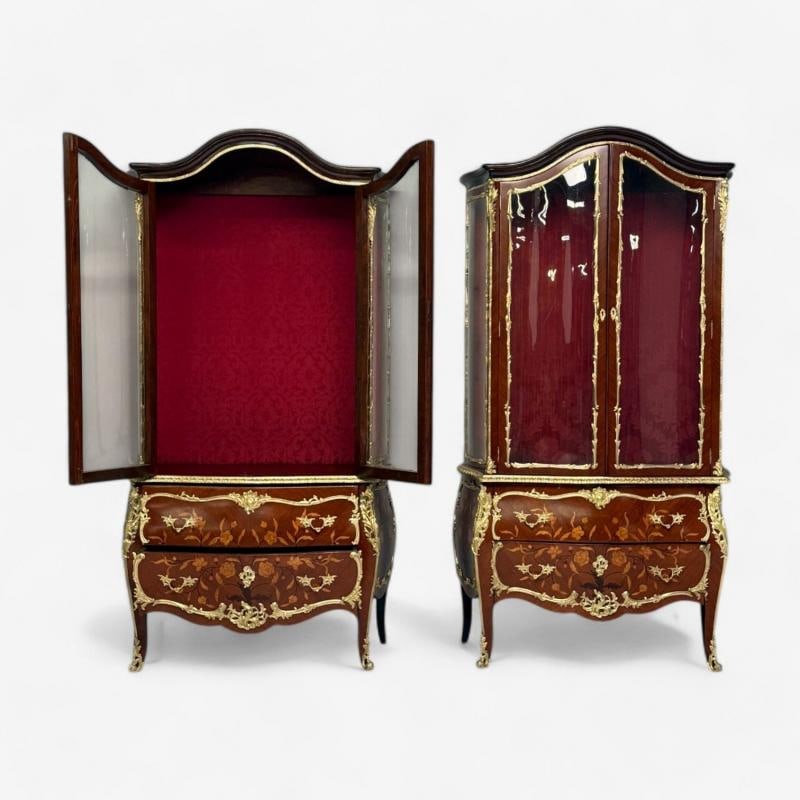 Louis XV Style, Bombe Vitrines, Ormolu Bronze, Inlaid Marquetry, France, 19th - 10