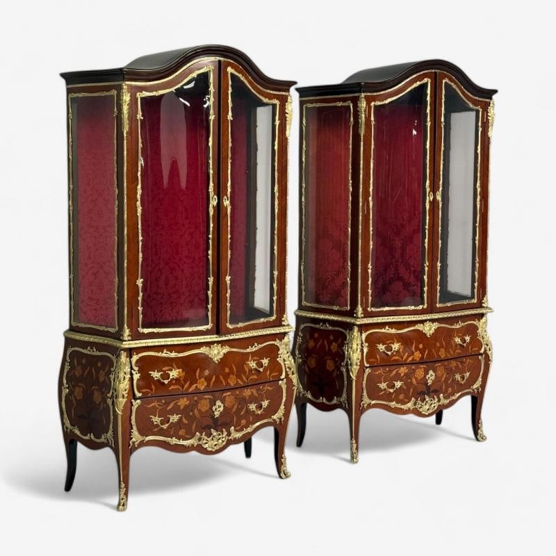 Louis XV Style, Bombe Vitrines, Ormolu Bronze, Inlaid Marquetry, France, 19th - 2