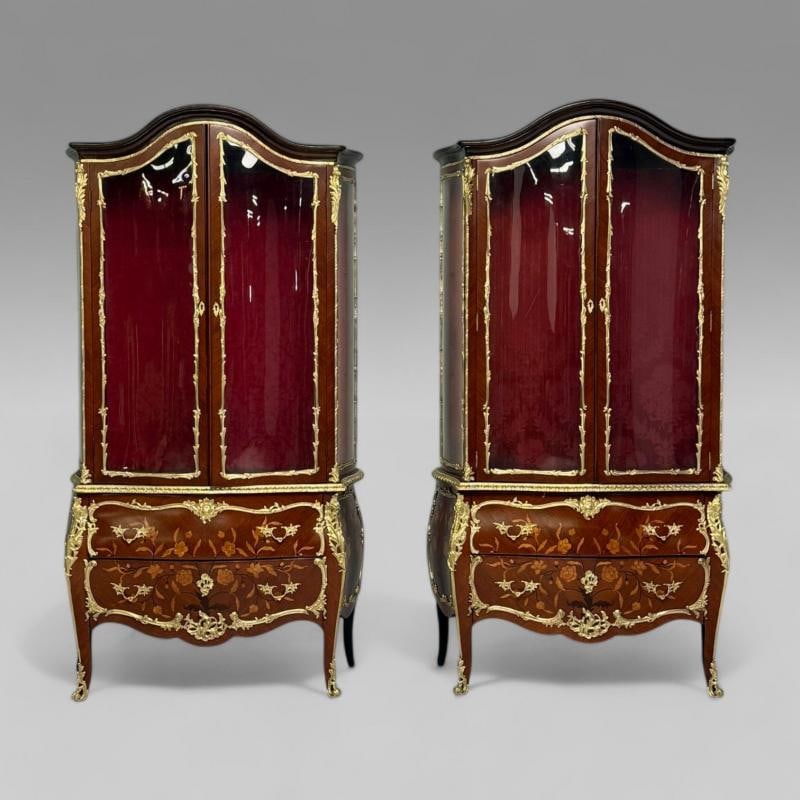 Louis XV Style, Bombe Vitrines, Ormolu Bronze, Inlaid Marquetry, France, 19th - 3
