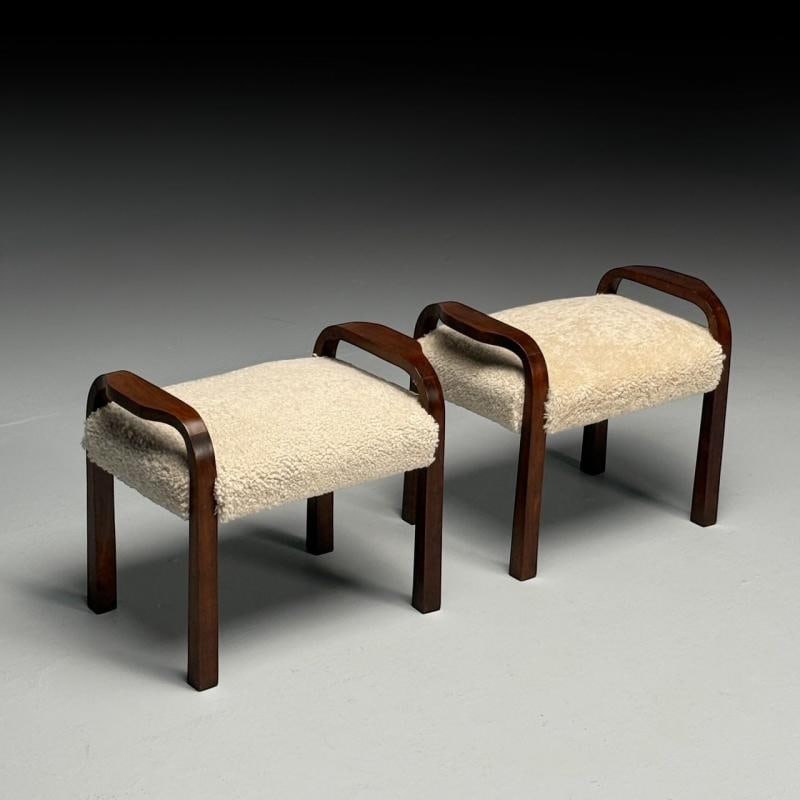 Italian Mid-Century Modern, Footstools, Beige Shearling, Mahogany, Italy, 1950s - 2