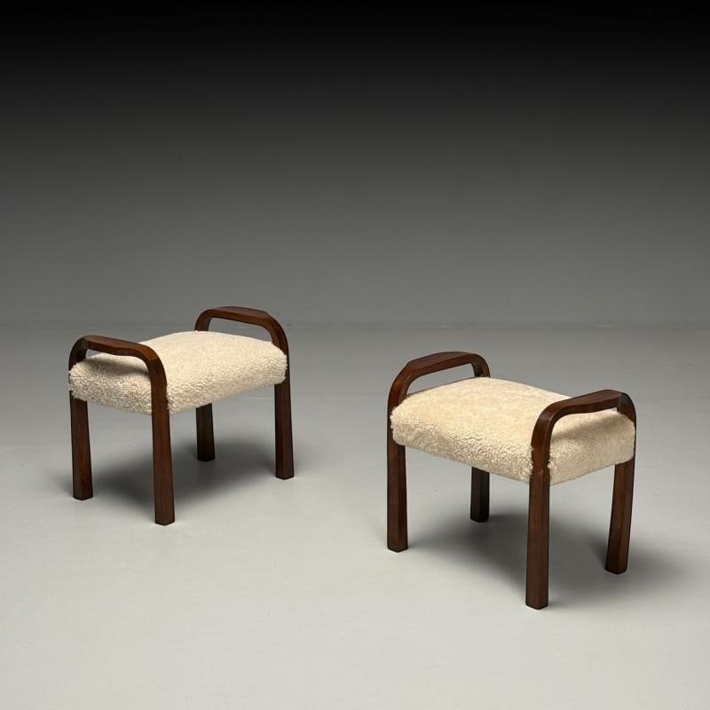 Italian Mid-Century Modern, Footstools, Beige Shearling, Mahogany, Italy, 1950s - 3