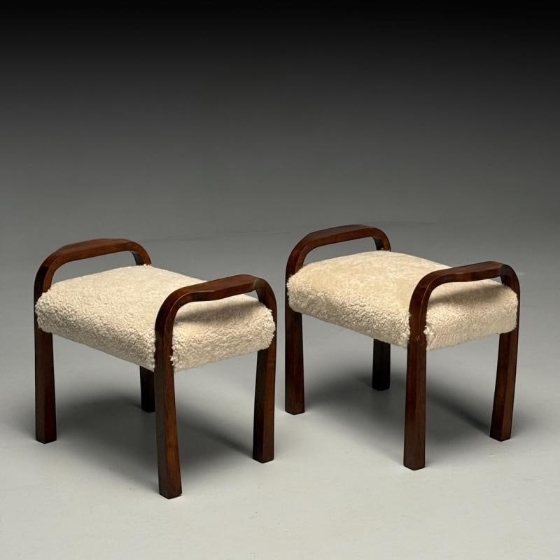 Italian Mid-Century Modern, Footstools, Beige Shearling, Mahogany, Italy, 1950s - 4