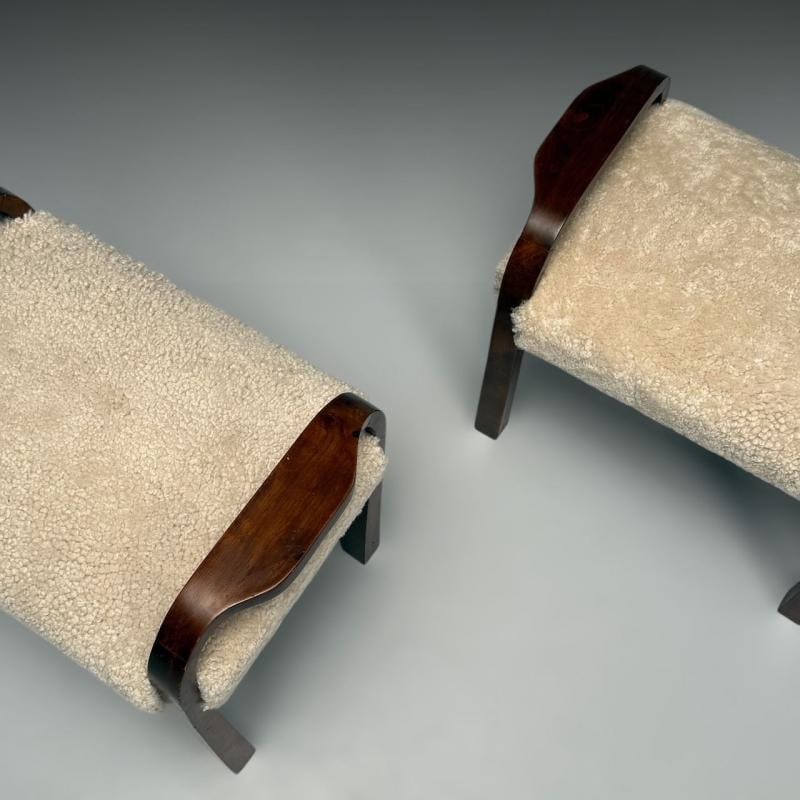Italian Mid-Century Modern, Footstools, Beige Shearling, Mahogany, Italy, 1950s - 6